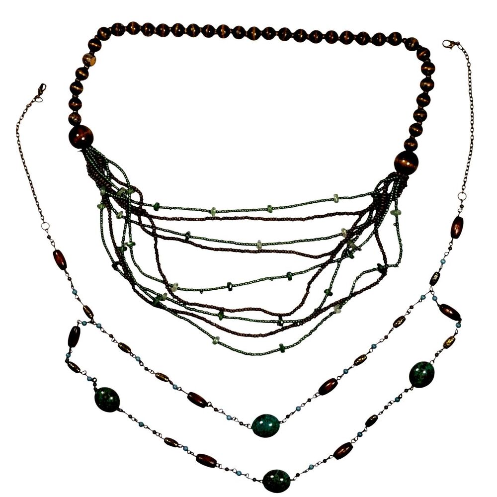 Boho Necklace Pair Turquoise & Brown Beaded Wood Metal Cottagecore Festival